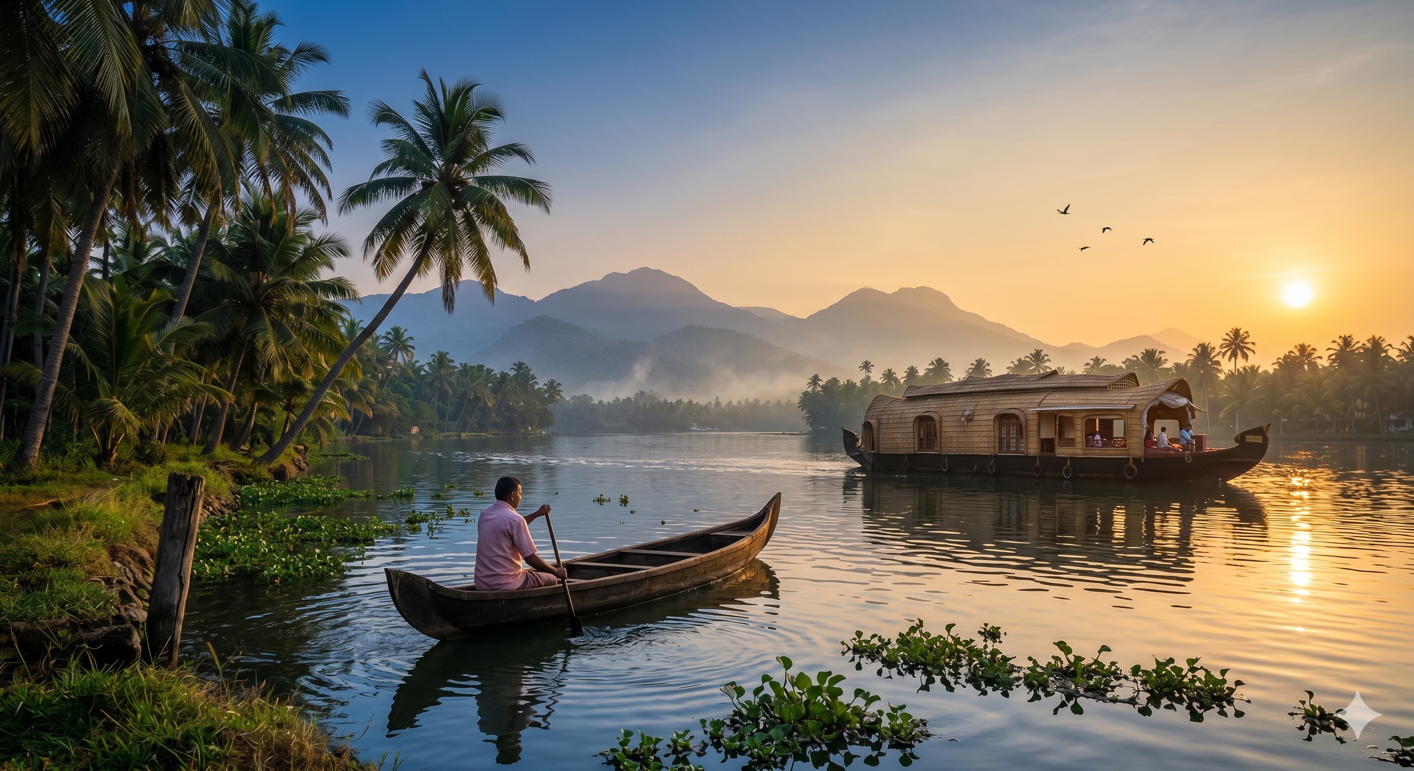 "Traditional Kerala houseboat gliding through golden backwaters at sunset, capturing the essence of God's Own Country."
